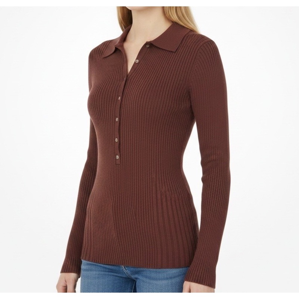 Sundance Ribbed Polo Sweater Womens S Brown Button Front Collared Knit Y2K
